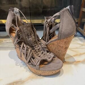 Not Rated Women's Faux Suede Fringe Cork Wedges Taupe Size 9.5